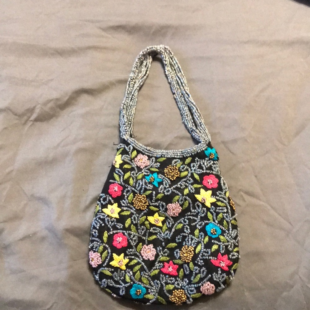 Black floral beaded evening purse